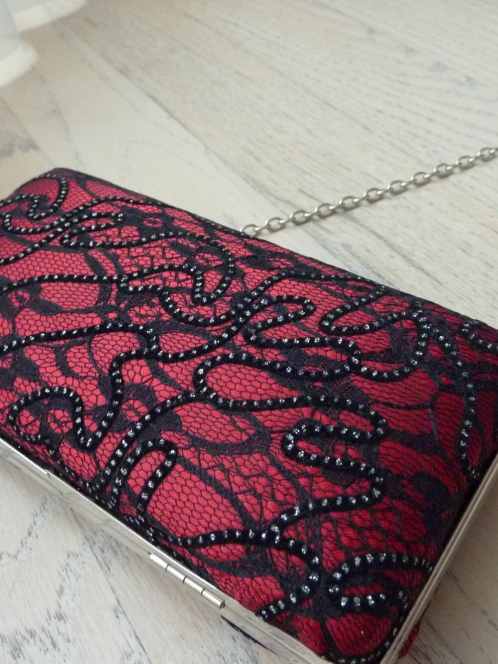 LULU TOWNSEND Red Satin Black Lace Hard Case handbag purse clutch Silver Chain - Picture 2 of 15